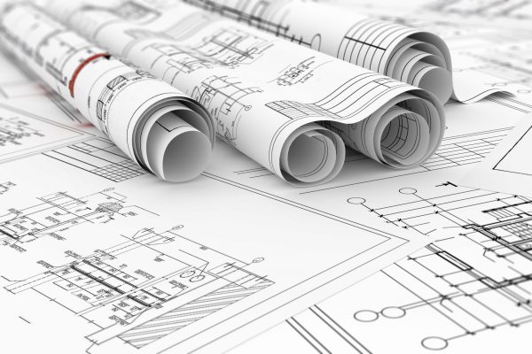 construction blueprints in rolls 3d illustration